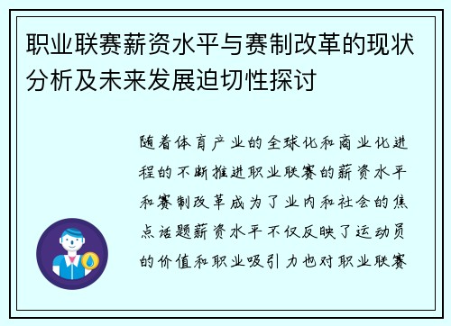 职业联赛薪资水平与赛制改革的现状分析及未来发展迫切性探讨