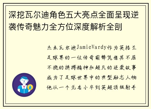 深挖瓦尔迪角色五大亮点全面呈现逆袭传奇魅力全方位深度解析全剖